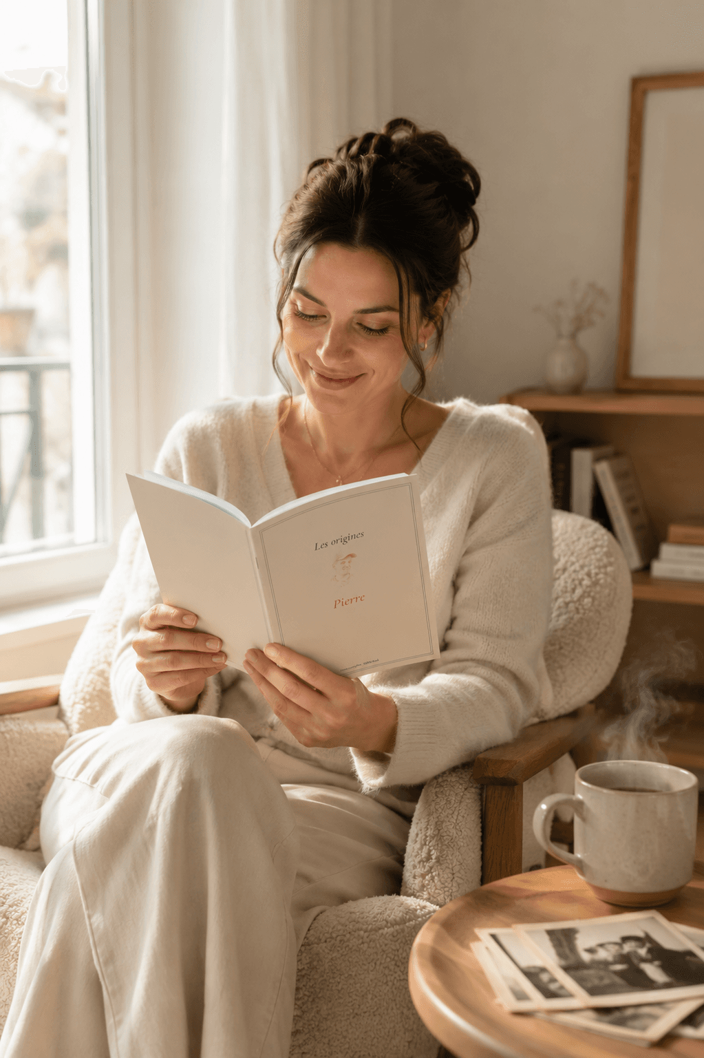 Une femme lit son livre relié, installée dans son salon